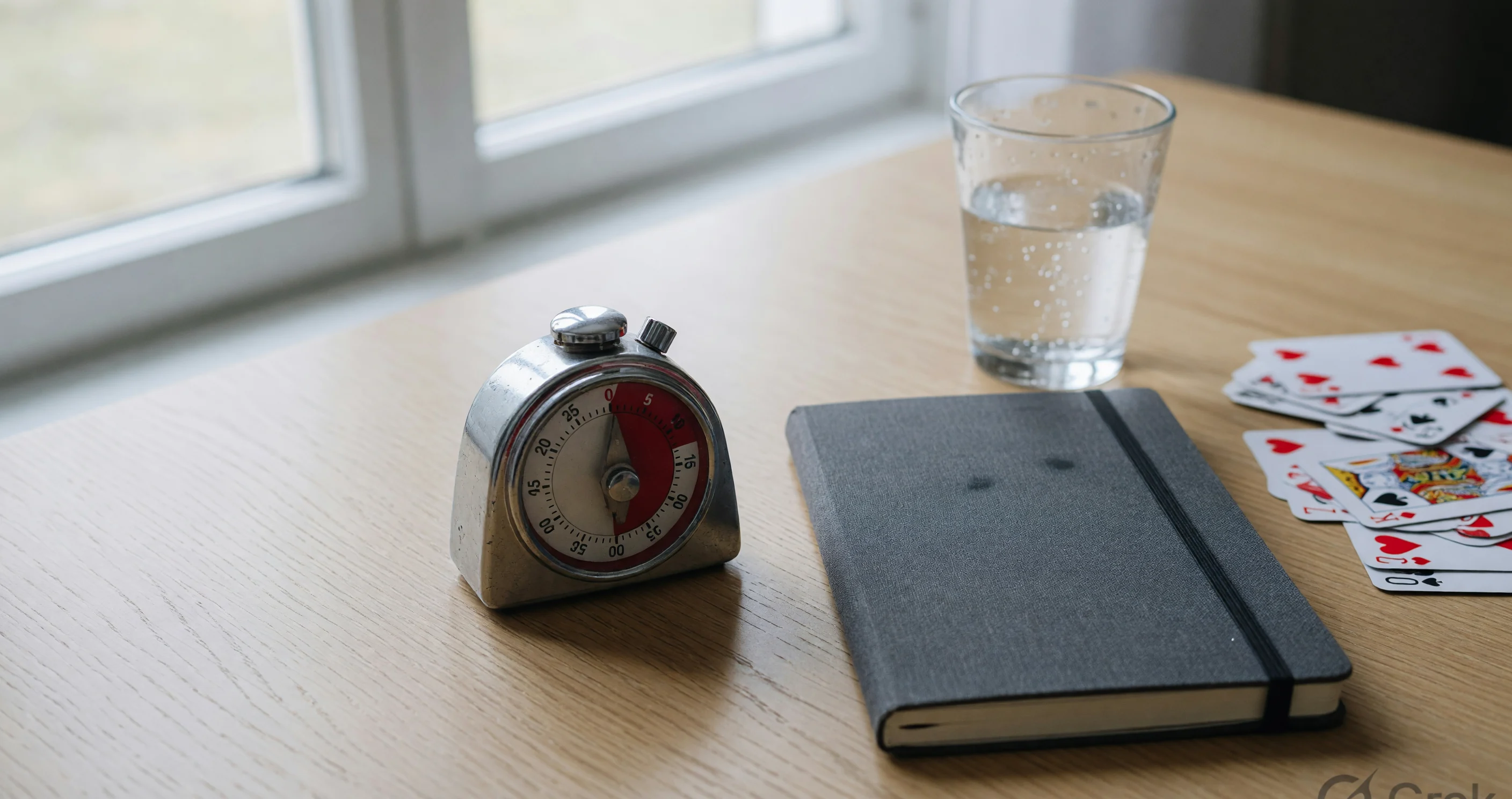 Timer, notebook and water glass on a session-control desk