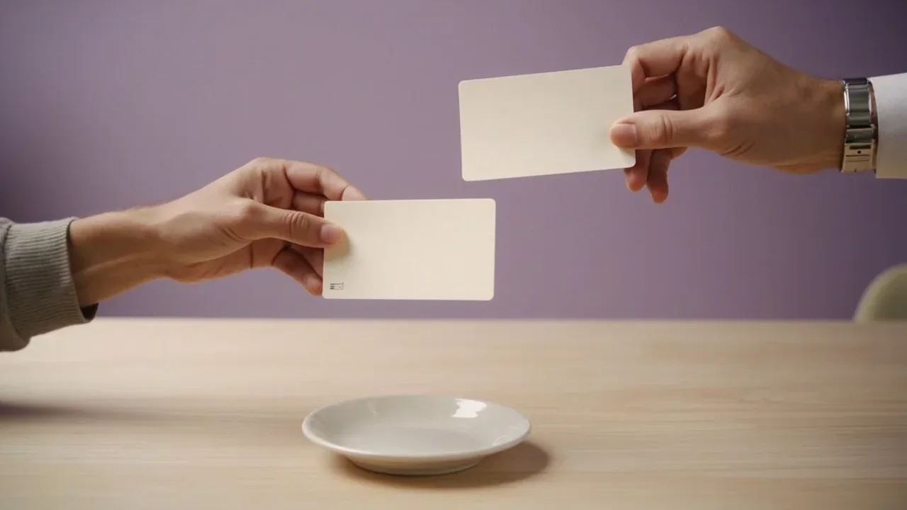 Two hands exchanging blank cards over a small dish