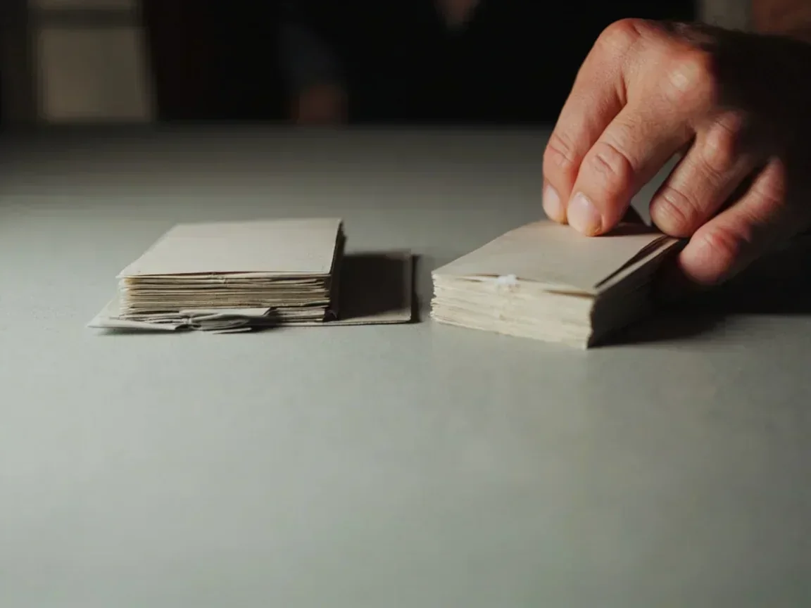 Stacked remaining deal packets on a pale oak table Stacked remaining deal packets on a pale oak table