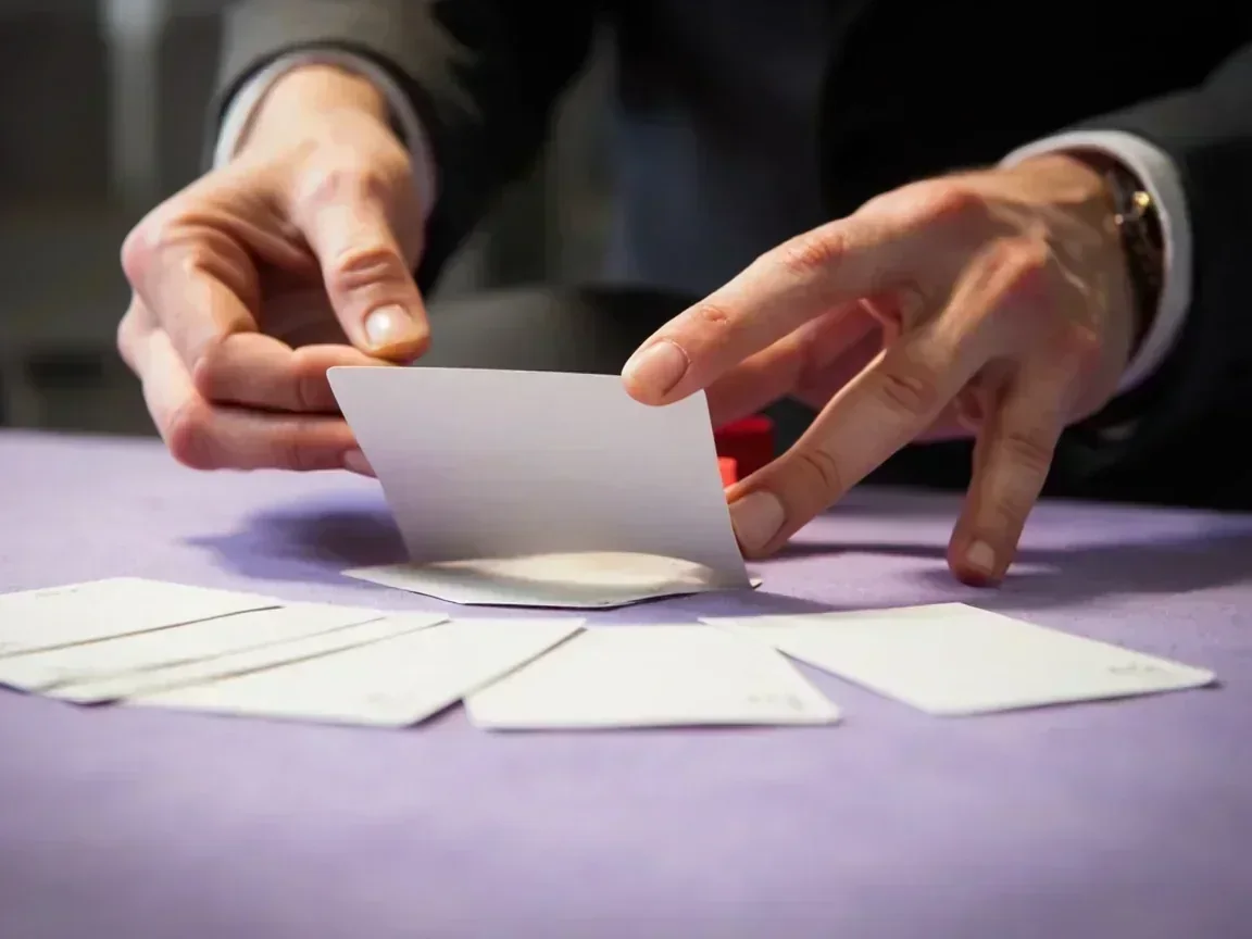 Adult hand lifting the top card from a closed stock pile on pale oak