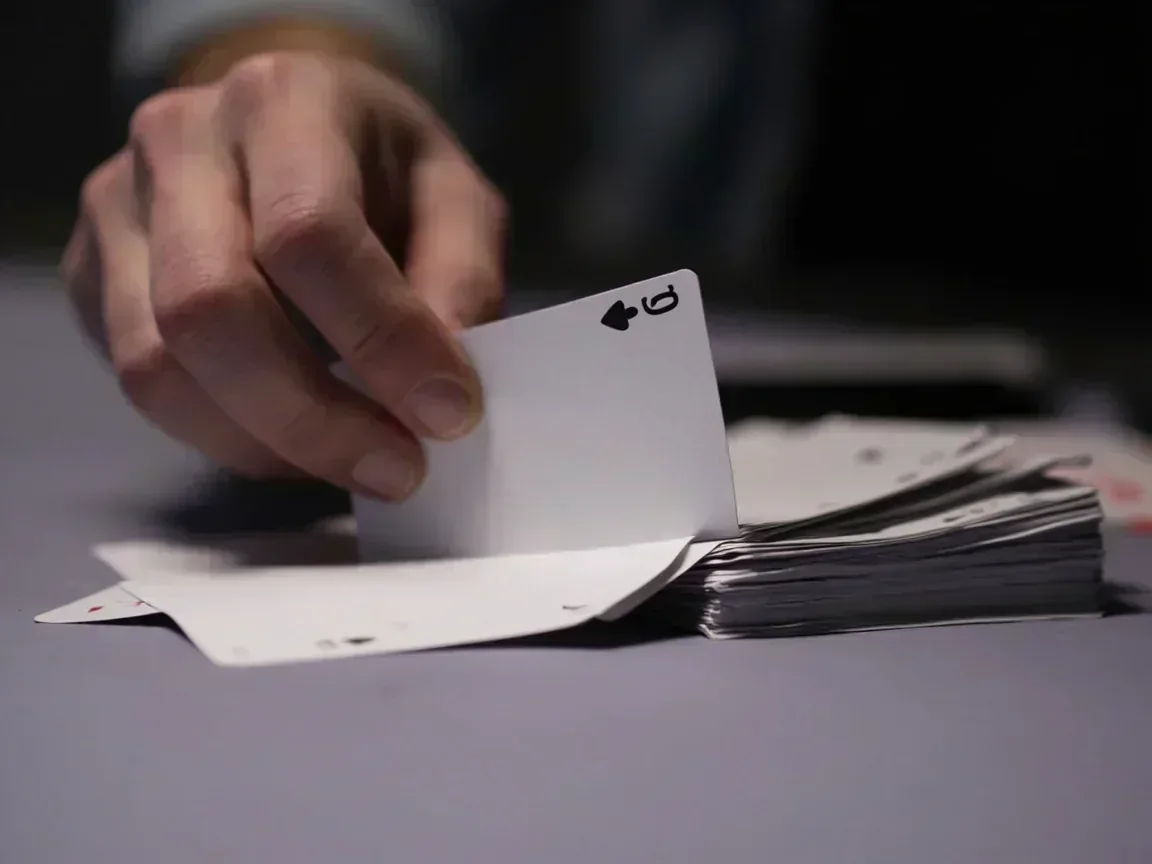 Thumb holding a middle card in a face-down fan