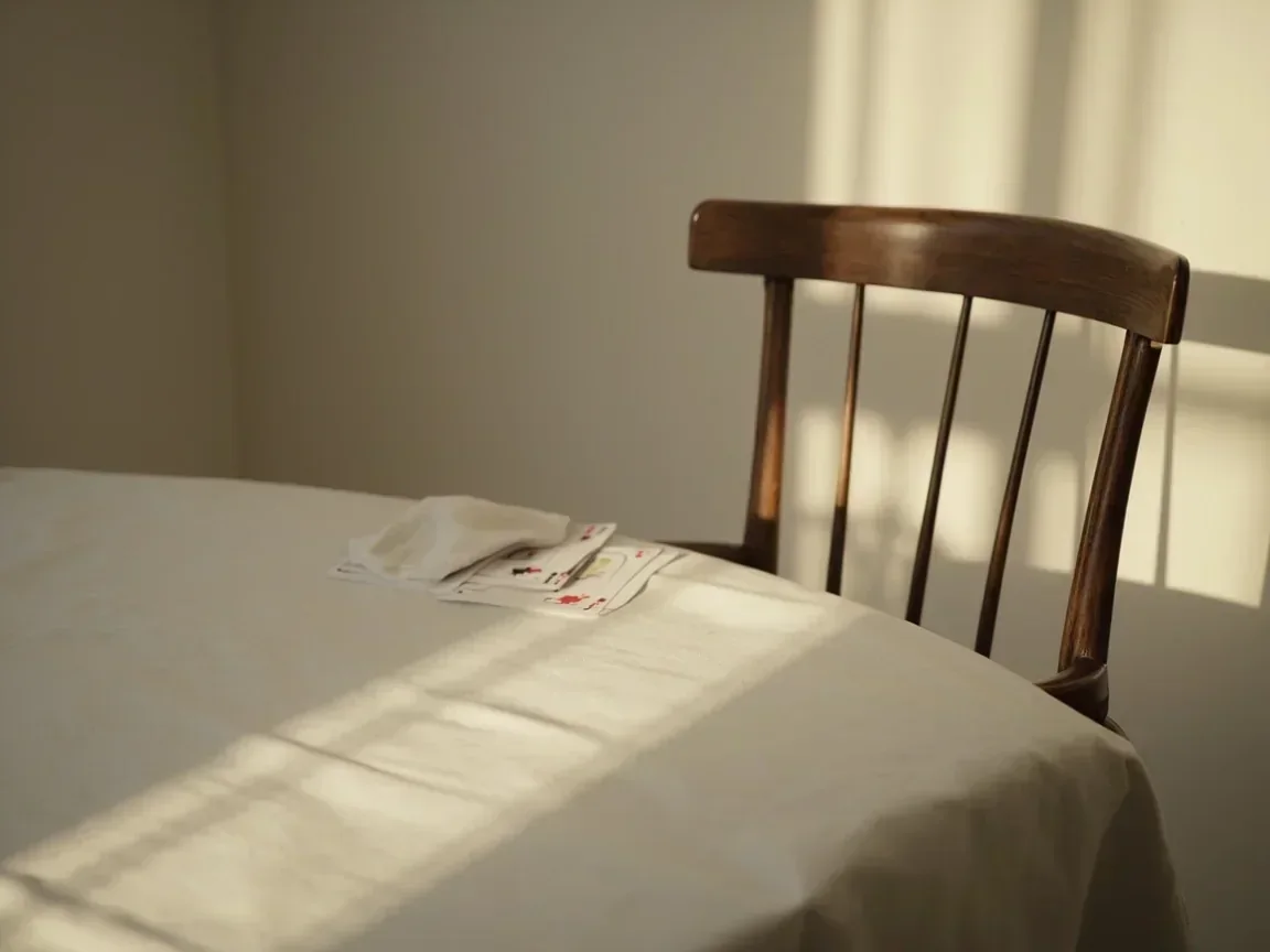 Empty chair beside leftover cards on a linen table