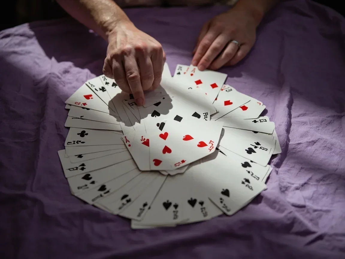 Hands sorting a circular pool of cards on lilac cloth