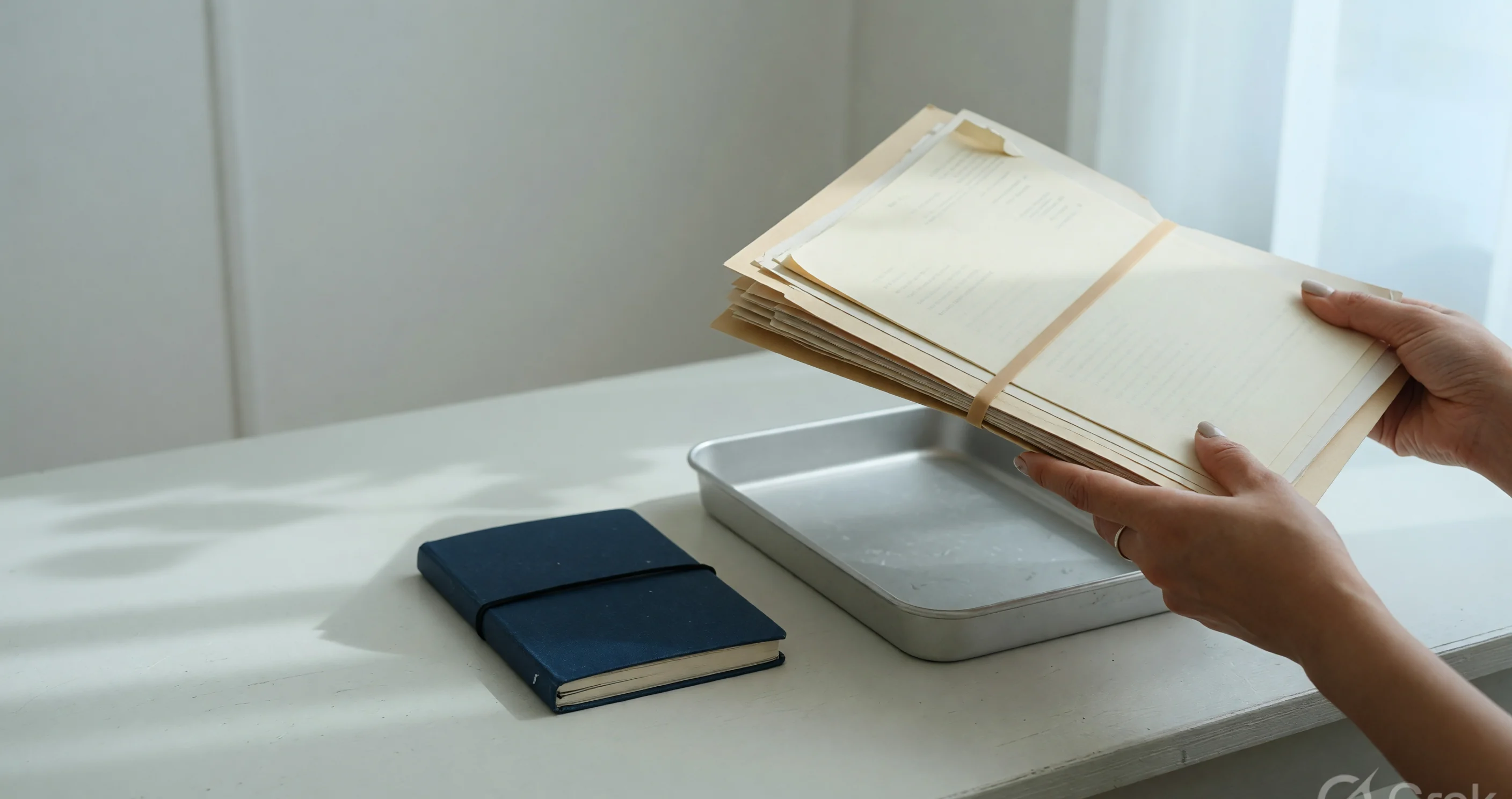 Closed notebook and empty tray with a document pack kept off the desk Closed notebook and empty tray with a document pack kept off the desk