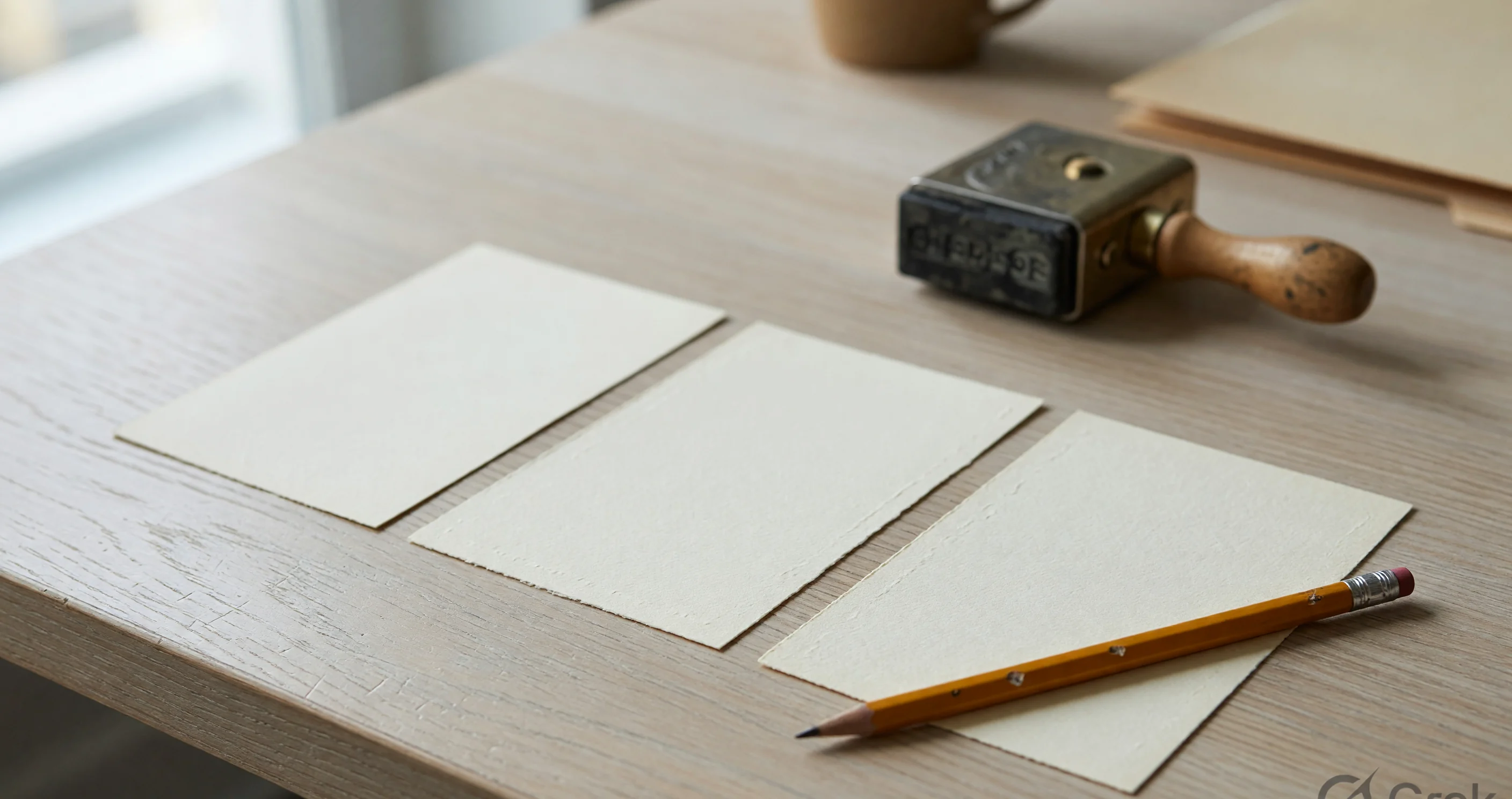 Three blank ivory slips in a row on a dated-note desk